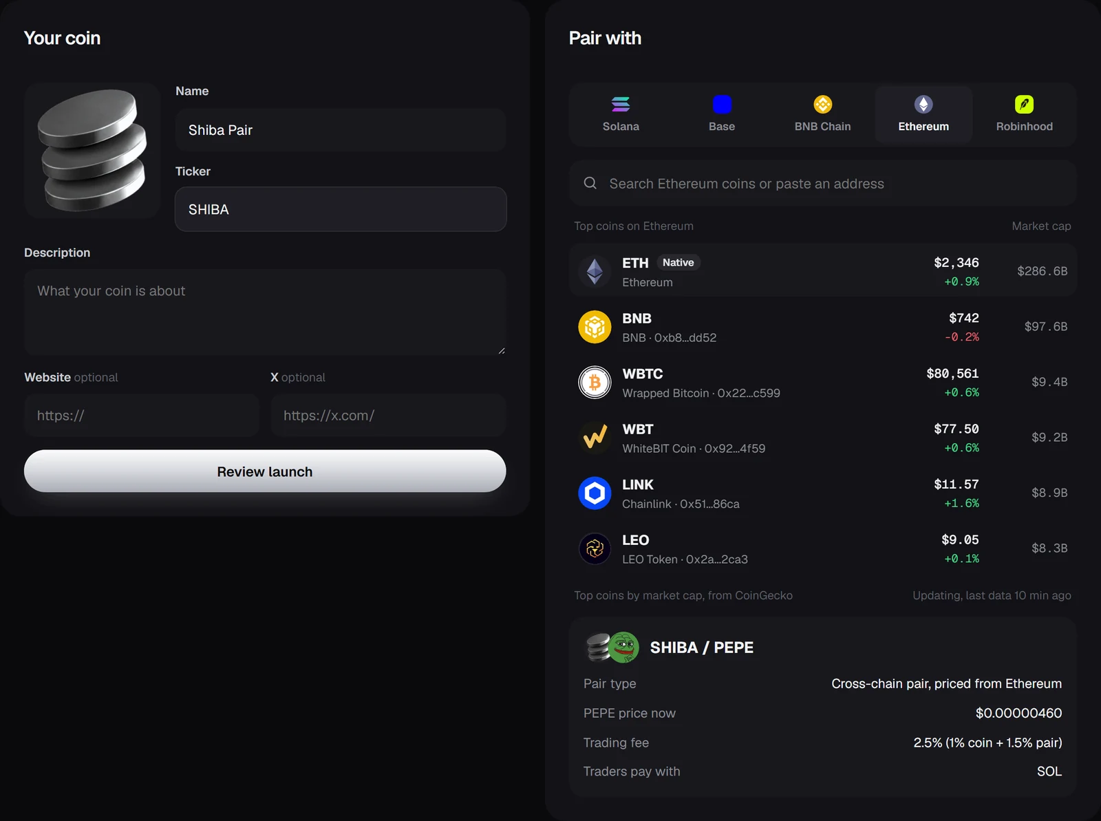 The Pair launch page: your coin on the left, the chain selector and coin search on the right