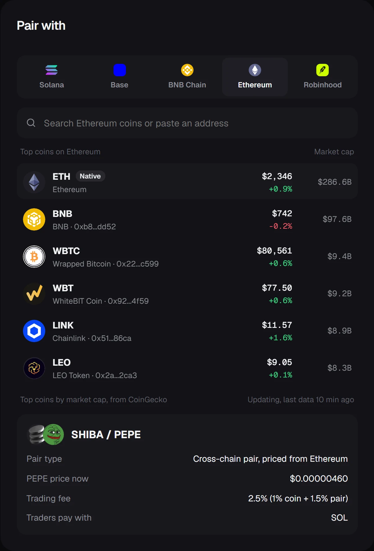 The Pair with card: chain selector, coin search with prices and market caps, and the pair summary